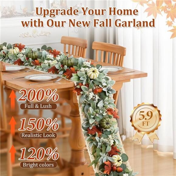 5.9 Ft Fall Garland for Mantle with Pumpkin Lamb Ears Maple Leaves, Autumn - Picture 4 of 8